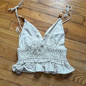 T.J.Maxx Natural Ruffled Smocked Linen-Blend Tank Top with Bead Straps